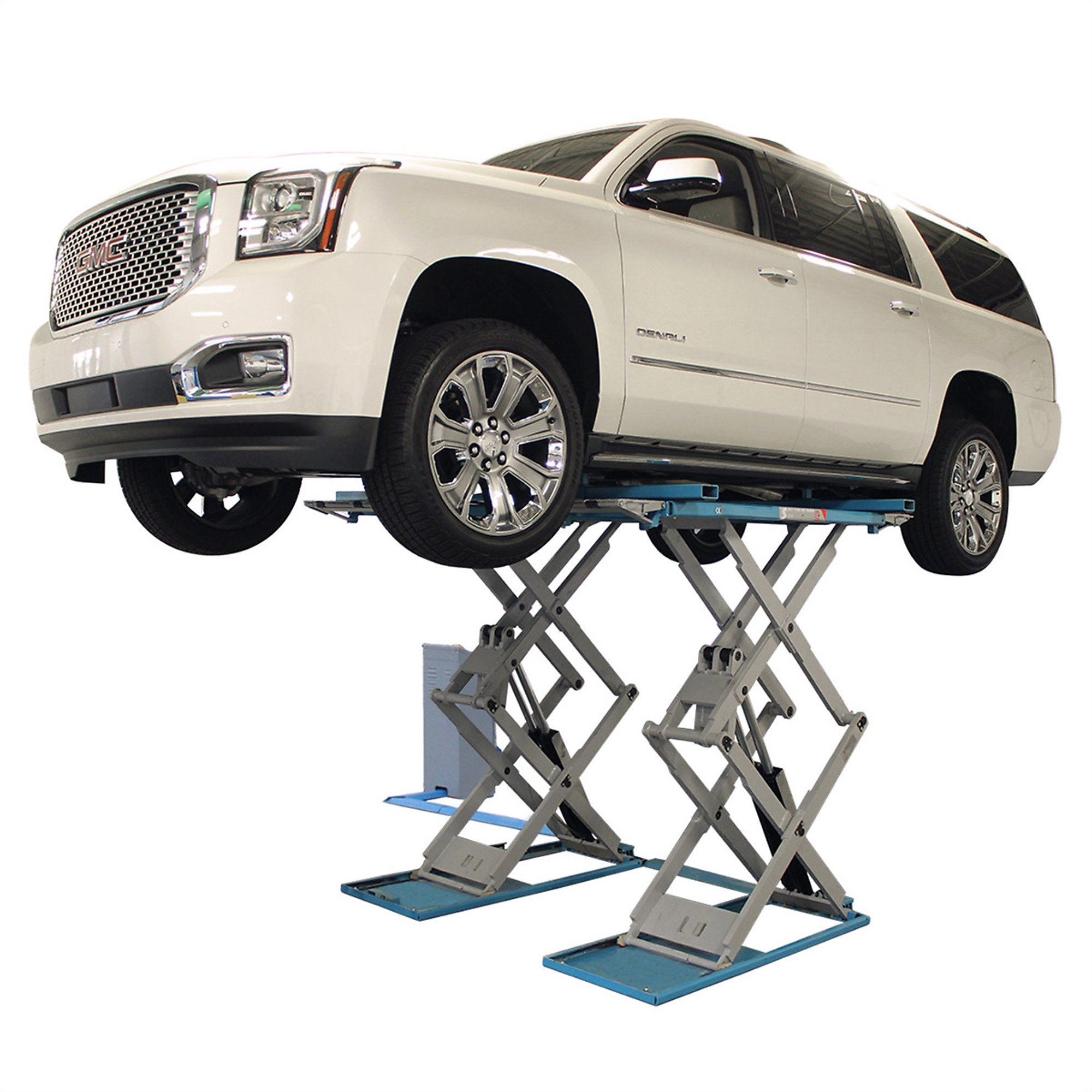 Atlas Automotive Equipment SLP9K Full-rise Commercial-grade Scissors Lift, Open Center Design, 9,000lbs. Capacity, 78" Max Lifting Height, Adjustable Width, Air-Operated Single Point Lock Release